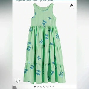 Unacoo long tiered maxi dress sleeveless girls xl green with blue flowers